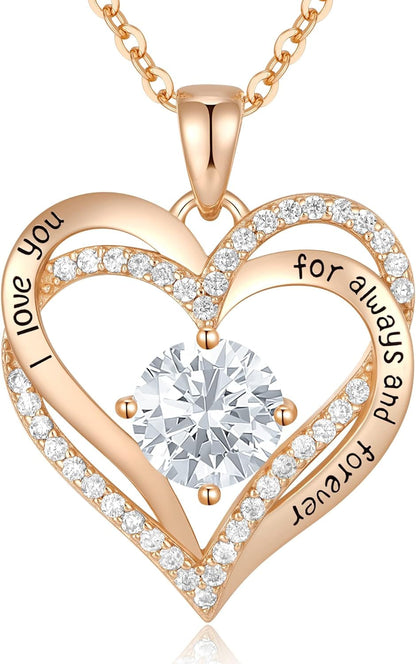 Forever Love Heart Women Necklace 925 Sterling Silver Rose Gold Plated Birthstone Pendant Necklaces for Women with Cubic Jewelry Gifts Birthday Gift for Mom Women Wife Girls Graduation Gifts for Her