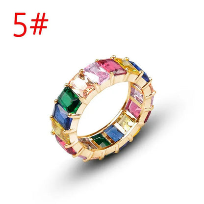 Silver Ring Colored Square Rainbow Ring Statement Crown Ring Natural Gemstones Ring Wedding Bride Engagement Band Charm Party Ring Jewelry
