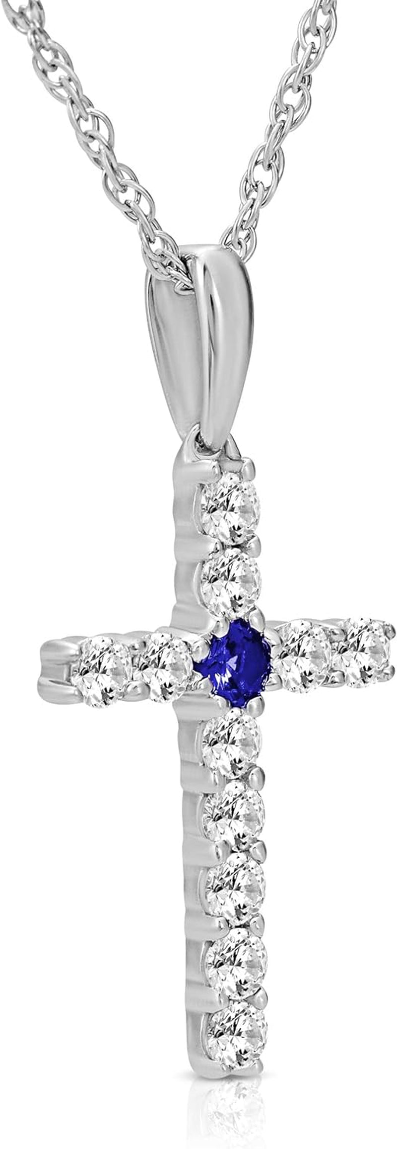 10K Gold or Silver Diamond and Created Blue Sapphire Cross Pendant with Sterling Silver Rope Chain Necklace (1/4 Cttw, I-J Color, I2-I3 Clarity), 18"