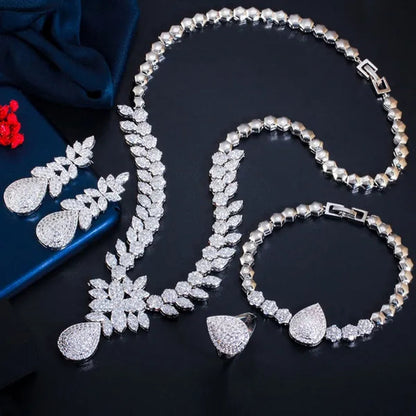 CANDICE High Quality Full Micro CZ Stone Pave Pear Water Drop Pendant Necklace&Earrings&Bracelet&Ring for Wedding Luxury Statement 4Pcs Jewelry Set