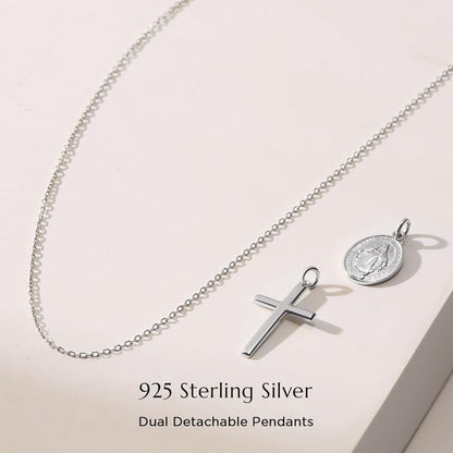 925 Sterling Silver Cross Necklace for Women with Miraculous Medal, 18K Gold Plated Virgin Mary Necklace, Double Pendant Mother Mary Necklaces Christian Jewelry Religious Gift for Her