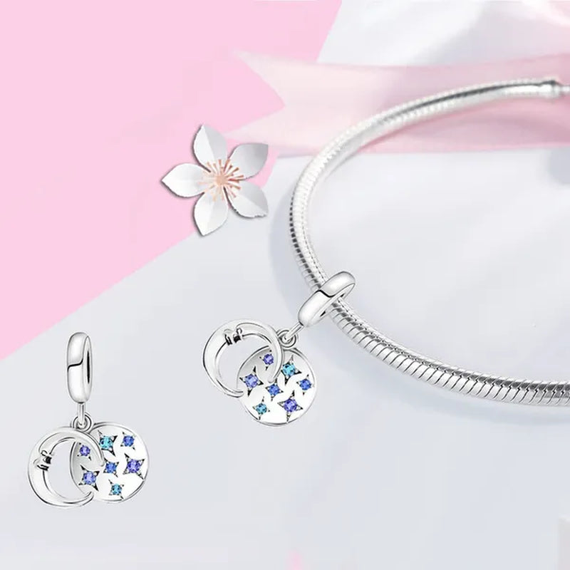 925 Sterling Silver Star Moon Beads Charms Fit Bracelet DIY