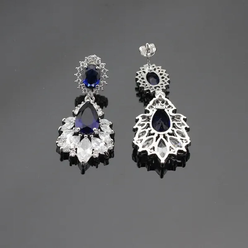 Blue Zircon With White Topaz Crystal Water Drop Shaped Silver Jewelry Sets Necklace Pendant Earring Ring Bracelet For Women