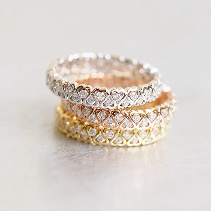 925 Sterling Silver White /Rose Color with CZ  Diamond Heart Eternity Ring