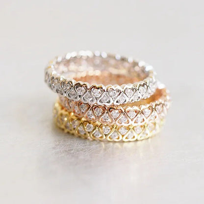 925 Sterling Silver White /Rose Color with CZ  Diamond Heart Eternity Ring