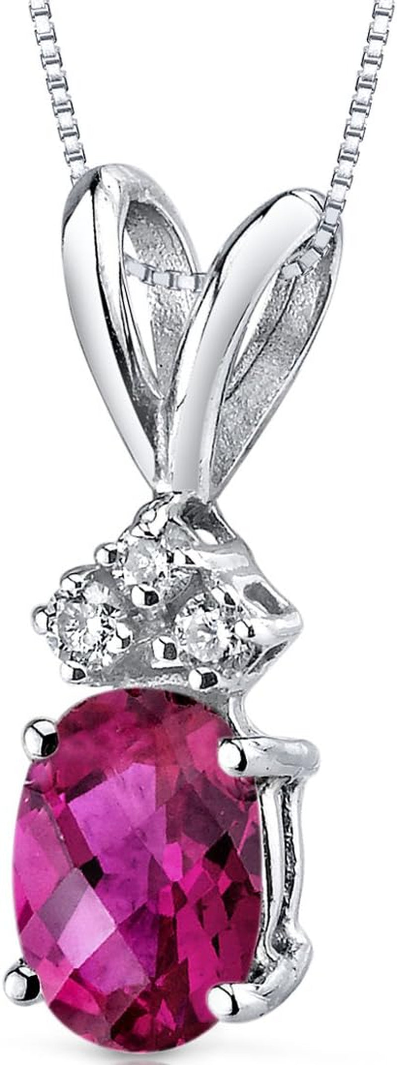 Solid 14K White Gold Created Ruby with Genuine Diamonds Pendant for Women, Dainty Solitaire, Oval Shape, 7X5Mm, 1 Carat Total