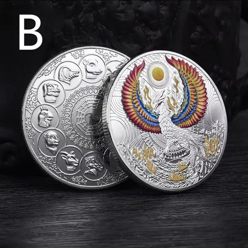 Divine Bird Phoenix Zodiac Commemorative Coin Chinese Lucky Auspicious Divine Bird Replica Gold-Plated Silver Collectible Gift Craft Souvenir