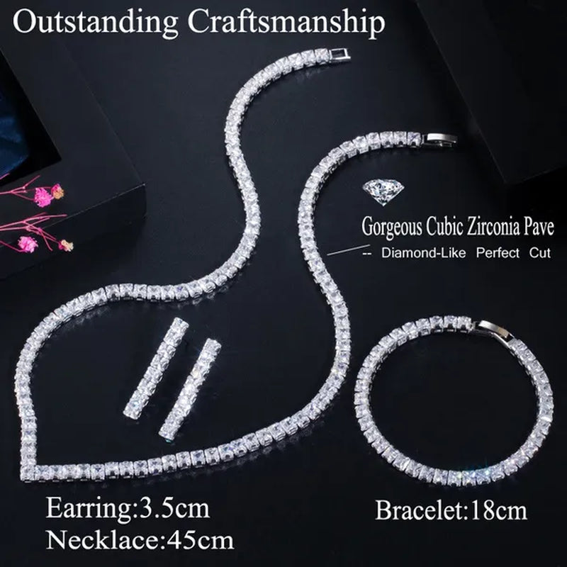 Gloriya Luxury Wedding Party Jewellery Sets Setting Shiny Cubic Zirconia Tennis Bridal Necklace Earrings and Bracelet Set