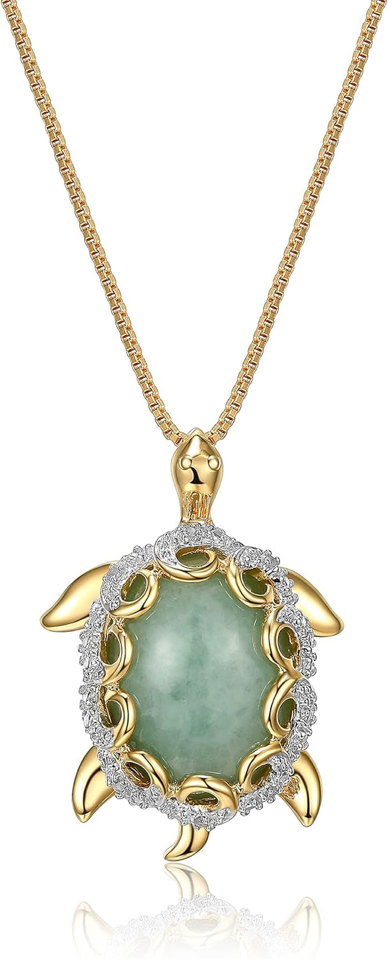 .925 Sterling Silver 18K Gold Plated Genuine Jade Necklaces for Women - Elephant and White Sapphire or Turtle with 1/10 Cttw Diamond Pendant, Gold Necklace for Women Jewelry 18 Inch