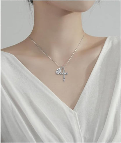 925 Sterling Silver Crucifix Cross and Miraculous Medal Pendant Necklace for Women
