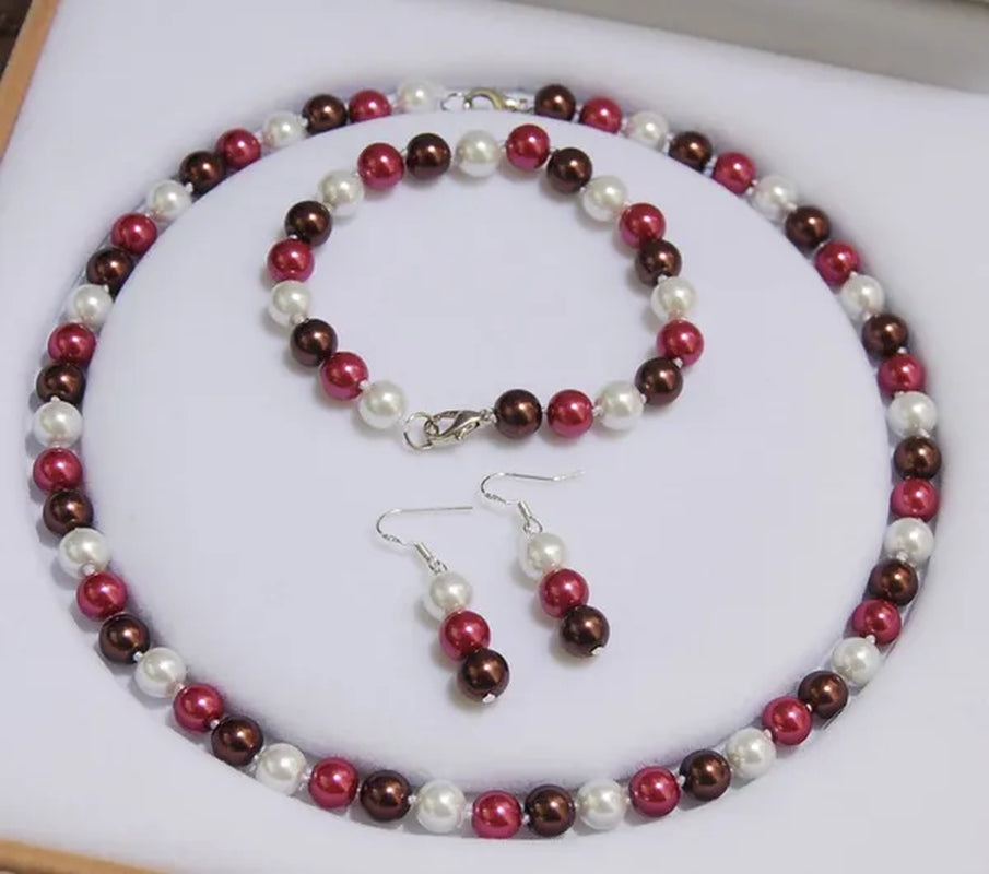 Hot sales 8mm white black brown color south sea shell pearl necklace bracelet earrings set handmade jewelry