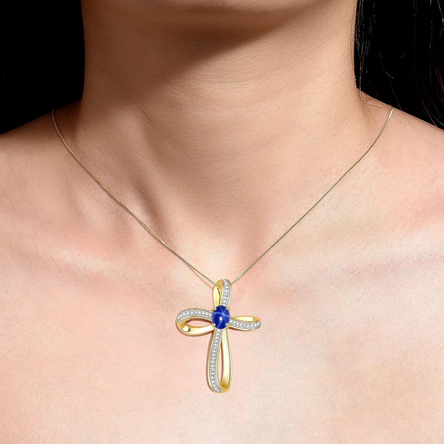 14K Yellow Gold Cross Necklace: Gemstone & Diamond Pendant, 18 Chain, 8X6MM Birthstone, Elegant Women'S Jewelry