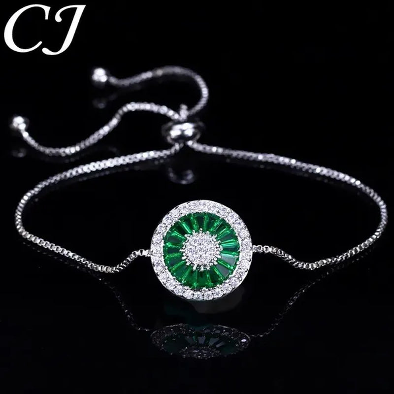CANDICE Fashion Green round Charm Adjustable Slider Bracelet Bangle for Women White Gold Plated Cubic Zirconia Jewelry