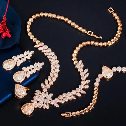 CANDICE High Quality Full Micro CZ Stone Pave Pear Water Drop Pendant Necklace&Earrings&Bracelet&Ring for Wedding Luxury Statement 4Pcs Jewelry Set
