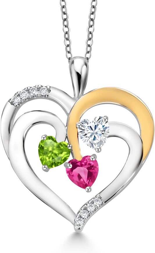 925 2-Tone Sterling Silver and White Green Peridot White Moissanite and Pink Created Sapphire Pendant Necklace for Women (1.52 Cttw, Heart Shape 5MM, 18 Inch Chain)