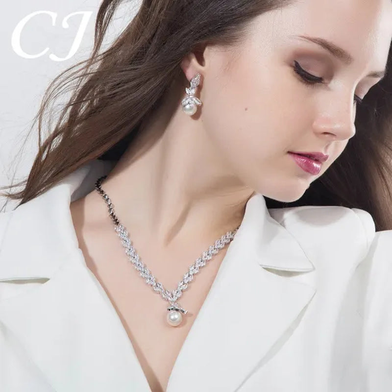 CANDICE Elegant Bridal Accessories AAA Cubic Zirconia with round White Pearl Pendant Necklace Earrings Wedding Jewelry Sets for Women