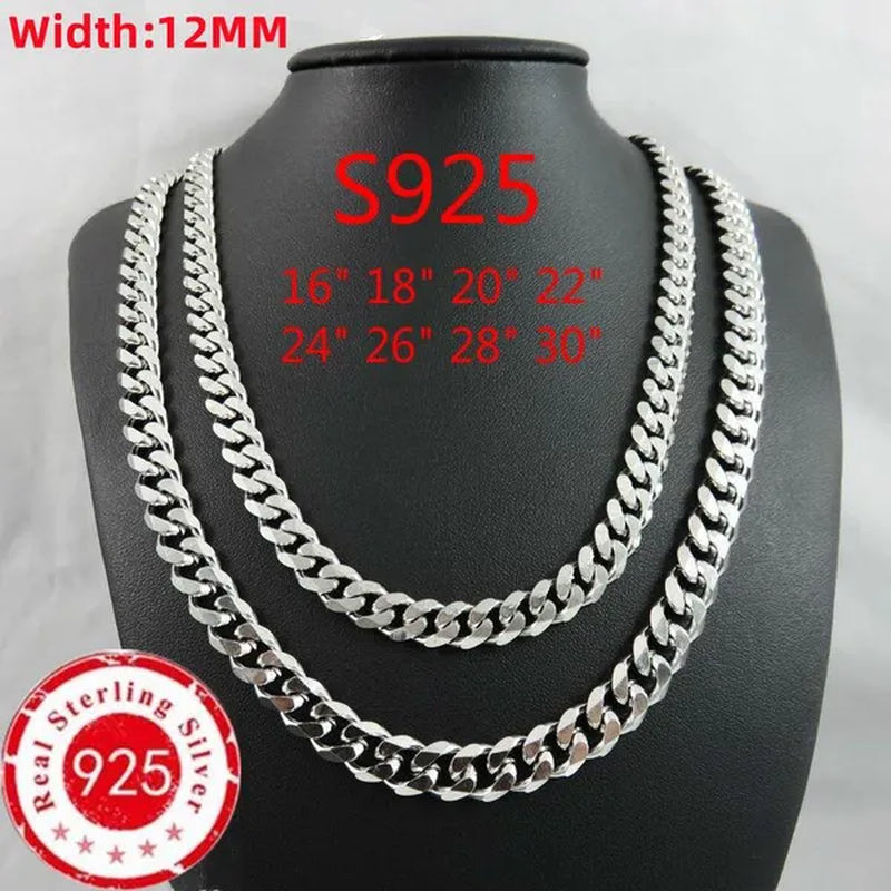 High Quality 925 Sterling Silver 12MM Width Male Jewelry 925 Solid Silver Fashion Jewelry Men Curb Chain Necklace Bracelet 8-30 Inches