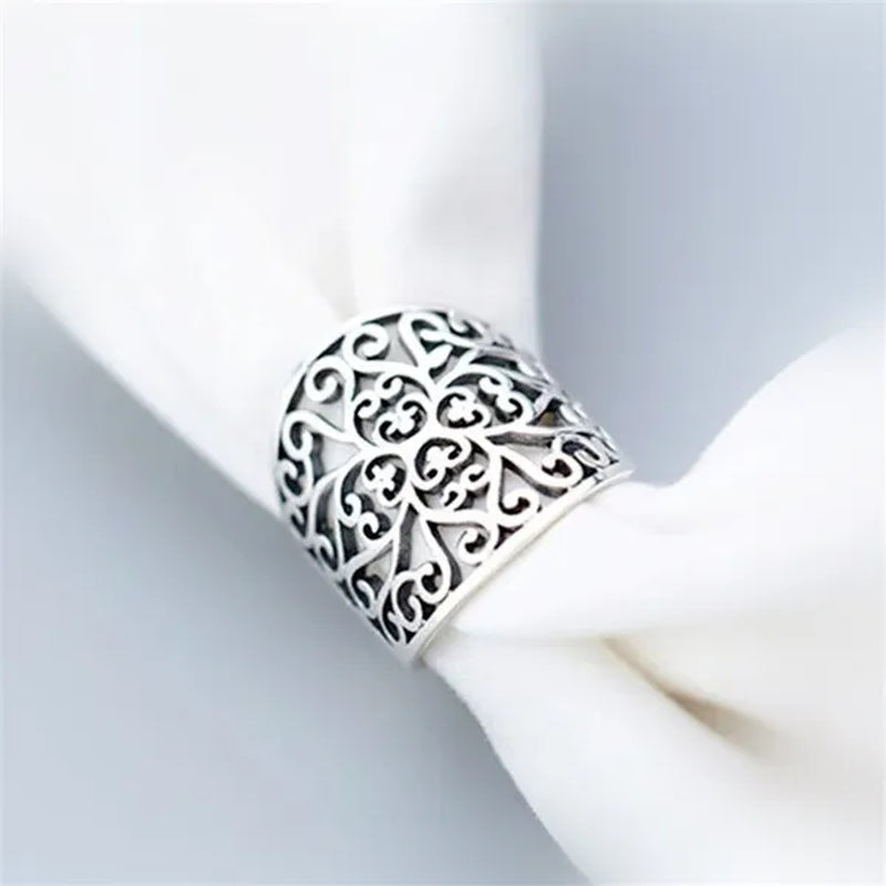 Wide Face Hollow Flower Vintage Open Ring 925 Pure Silver Carving Women's Ring Size Adjustable Opening