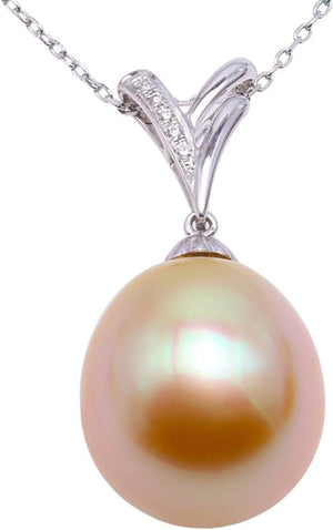 18K Gold Pendant 13X14Mm Oval Golden South Sea Cultured Pearl Pendant Necklace Dotted with Diamonds for Women
