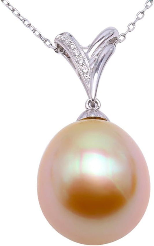 18K Gold Pendant 13X14Mm Oval Golden South Sea Cultured Pearl Pendant Necklace Dotted with Diamonds for Women