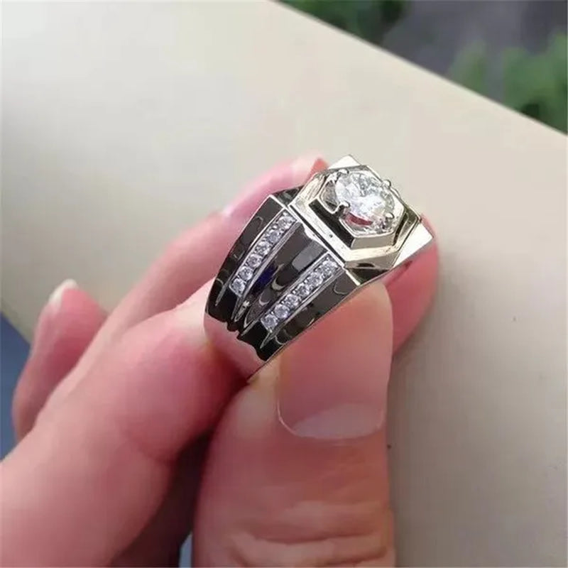 Men's silver-plated double row diamond ring wedding engagement ring luxury simple party diamond ring anniversary boyfriend birthday party gift ring (size 6-13)