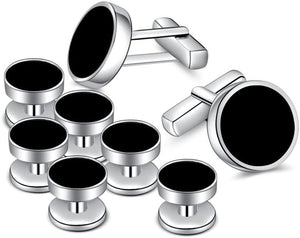 Mens Onyx Cufflinks and Studs Set Silver Black Cufflinks for Men Tuxedo Shirts Business Wedding Gift
