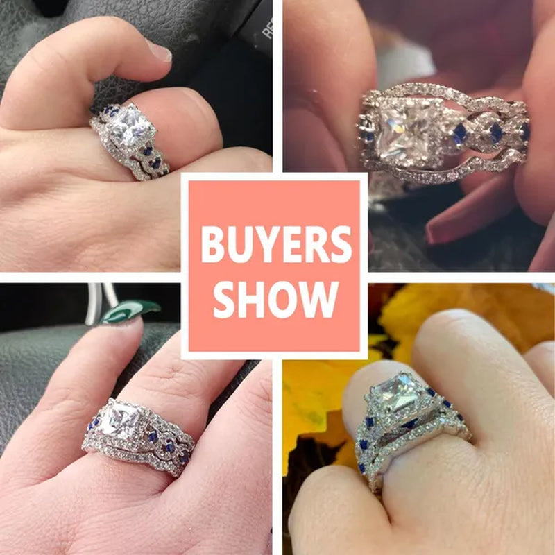 Newshe 3Pcs Princess Halo CZ Wedding Engagement Ring Sets Vintage Style Bridal Sets for Women 925 Sterling Silver Sz 4.5-13