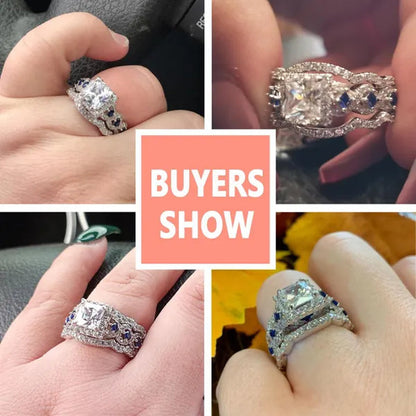 Newshe 3Pcs Princess Halo CZ Wedding Engagement Ring Sets Vintage Style Bridal Sets for Women 925 Sterling Silver Sz 4.5-13