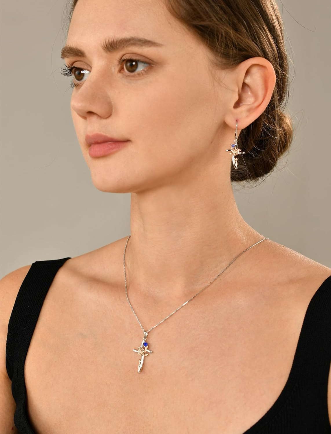 Cross Pendant Necklace 925 Sterling Silver Rose Flower Necklace Gemstones Flower Jewelry for Women