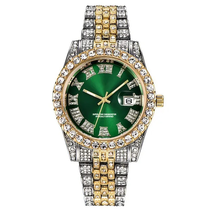 Full Bling Gold Large Diamond Watch For Men ICED-Out Hip Hop Mens Quartz Watches Waterproof Date Male Clock Gold Steel Relogio