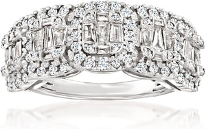 1.00 Ct. T.W. round and Baguette Diamond Ring in Sterling Silver. Size 8