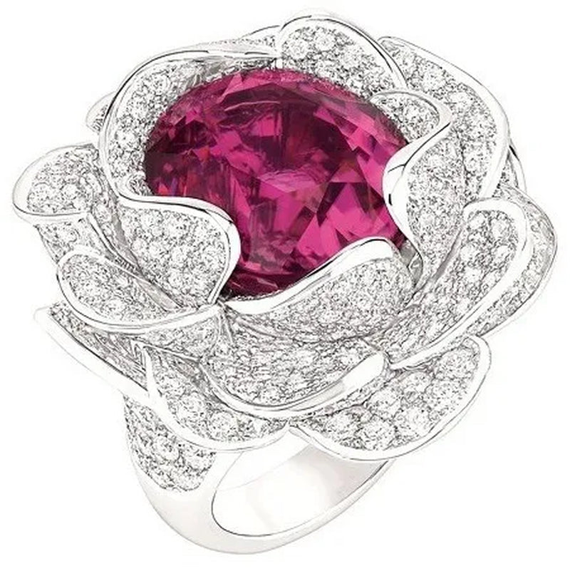 Dazzling 925 Sterling Silver Ruby Flower Diamond Ring Women Wedding Engagement Party Jewelry