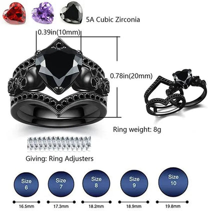 Gothic Skull Black Rings Set Women Rose Flower Red Purple Heart Love Zircon Crystal Christmas Anniversary Engagement Gift Cocktail Party Biker Jewelry
