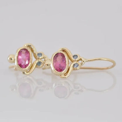 Unique   Blue Sapphire Oval Pink Tourmaline Gemstone Dangle Hook Earrings Women Jewelry Gifts