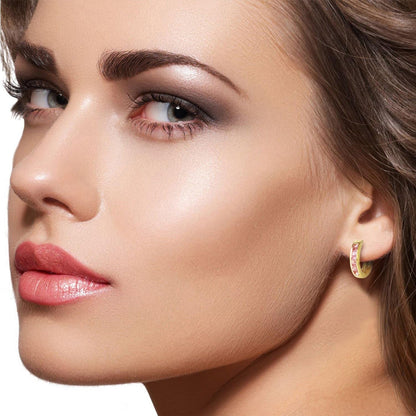 14K Yellow Gold Hoop Huggie Earrings with Pink Sapphires
