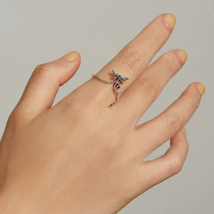 2021 New Dragonfly Love Heart Open Ring 925 Sterling Silver Vintage Insect Ring for Women