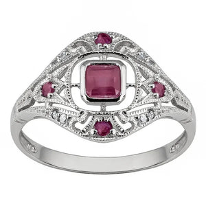 10k White Gold Vintage Style Genuine Ruby and Diamond Ring