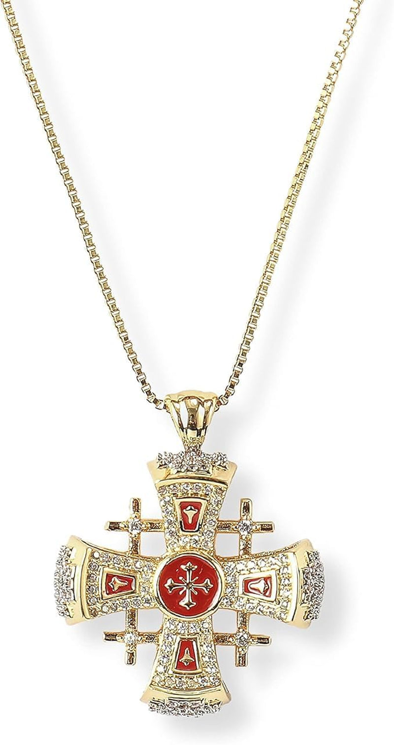 Crusaders Jerusalem Cross Pendant Necklace Gold Plating 18K Enamel Crystallized Stones 1.3"