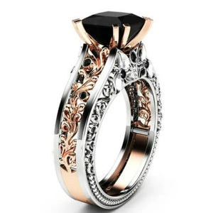 Princess Black  Stone Engagement Ring Rose 925 Sterling Silver Wedding Bridal Rings size 5-12