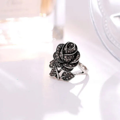 Retro Black Rose Flower Ring Marcasite Stones Paved Silver ring size 6 - 10