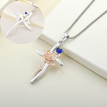 Cross Pendant Necklace 925 Sterling Silver Rose Flower Necklace Gemstones Flower Jewelry for Women