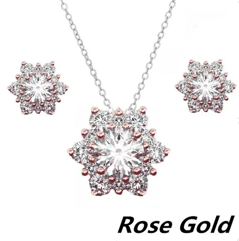 New Creative Diamond Snowflake Necklace Earring Set Pendant Necklace Female Necklace Set