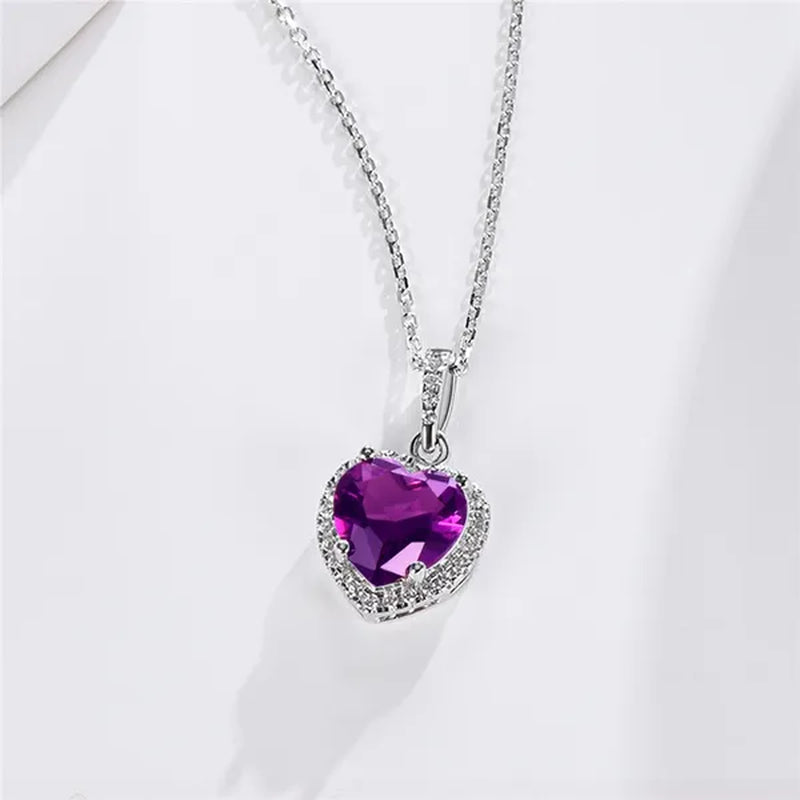Women'S Birthstone Necklace Ruby/Sapphire/ Amethyst Jewelry 925 Sterling Silver Chain Love Heart Pendant Crystal 12 Month Birth Stones Pendant for Women Girls, 誕生石,Pierre De Naissance,Valentines Gift