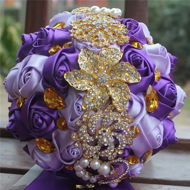 Private Custom 18CM Wedding Bouquet Luxury Gold Crystal Brooch Bride Bouquet Pure Handmade Silk Rose Ribbon Wedding Bride Holding Flowers Multi-Color Optional