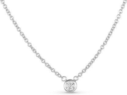 AGS Certified Natural Diamond Dainty Solitaire Bezel Necklace, White Gold 0.15 CTTW Prong Setting on 18" Extendable 14K Gold Chain (H Color, SI1-SI2 Clarity)