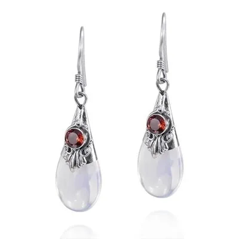 Dazzling 925 Solid Sterling Silver Natural Gemstone Amethyst Ruby & Black Sapphire Moonstone Diamond Floral Dangle Earrings Women Wedding Fine Jewelry