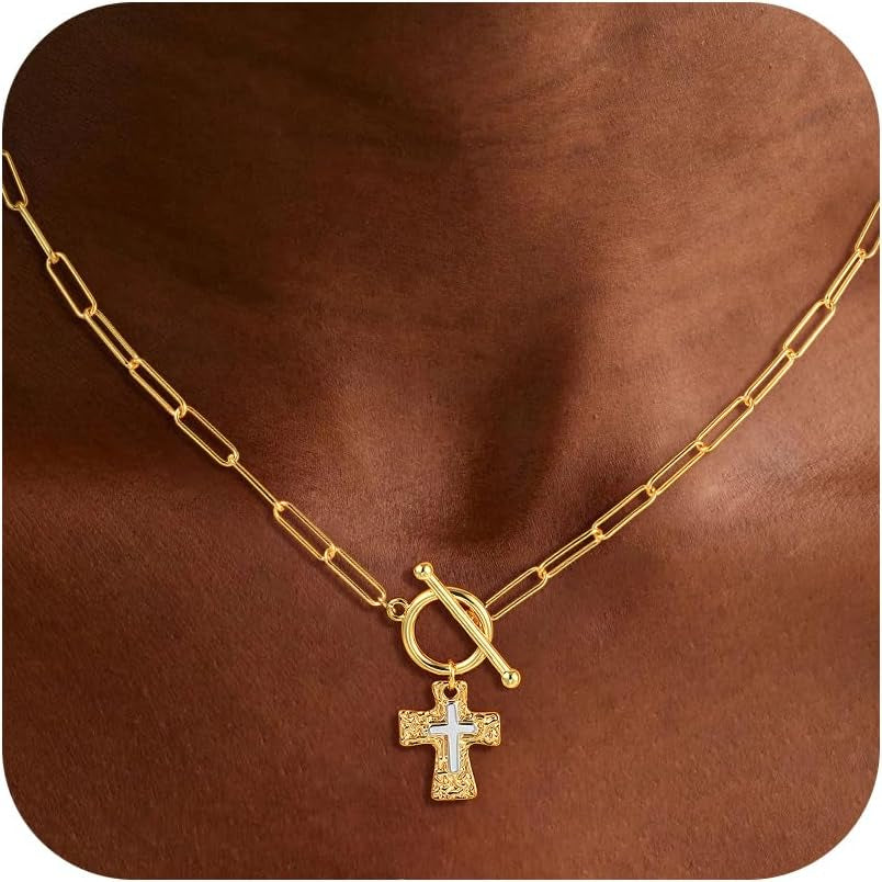 Cross Necklace for Women Trendy -14K Gold Plated Chunky Gold Silver Cross Pendant Necklace Waterproof Non Tarnish Jewelry Christian Gift for Women