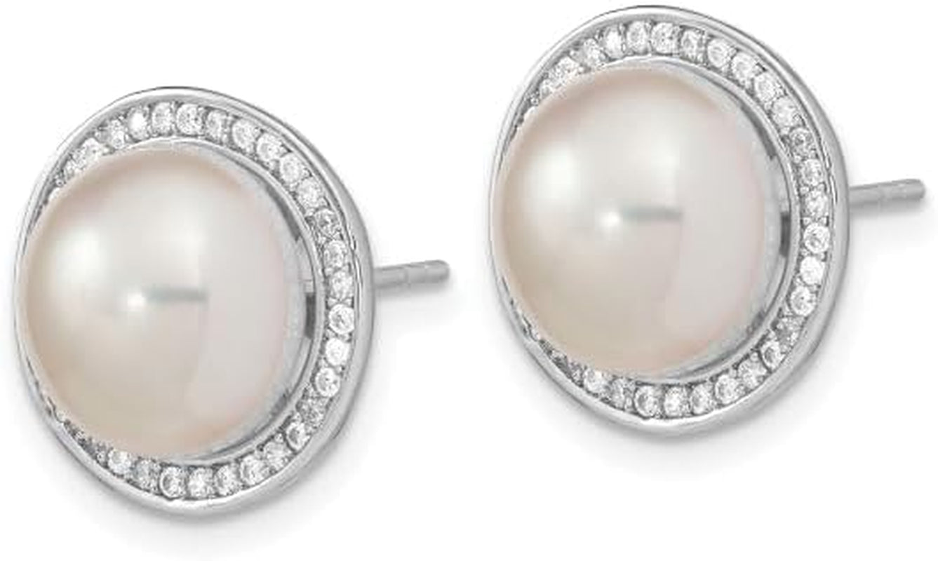 925 Sterling Silver 10 11Mm Button Freshwater Cultured Pearl Cubic Zirconia CZ Stud Earrings