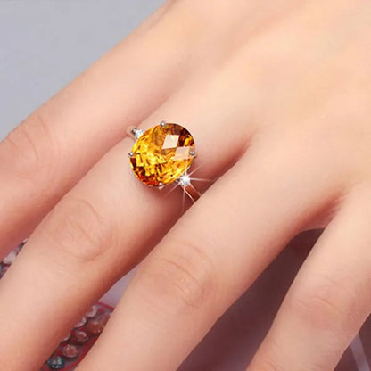 Simple 18K Golden Plated Copper Oval Citrine Jewelry Set Pendant Necklace Four Prong Adjustable Open Ring Micro Inlaid Cubic Zirconia Stud Earrings Flower Zircon Bracelet for Women Gifts Accessories