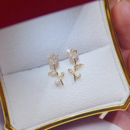 18K Gold Rose Flower Women'S Diamond Earrings Shiny Zircon Bohemian Stud Earrings Engagement Wedding Jewelry